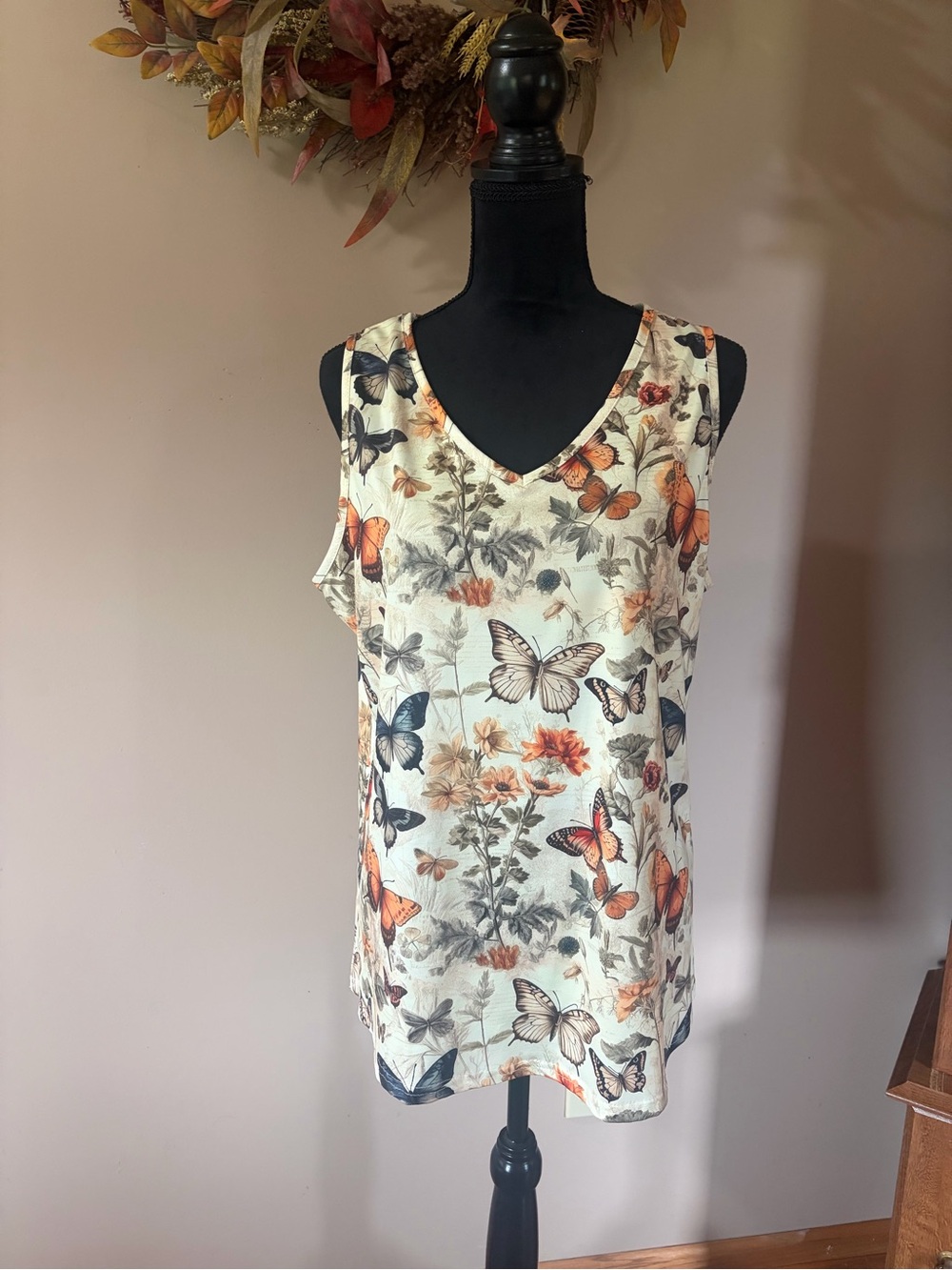 SHEIN Cream Butterfly Print V-Neck Camisole with Orange and Blue Accents